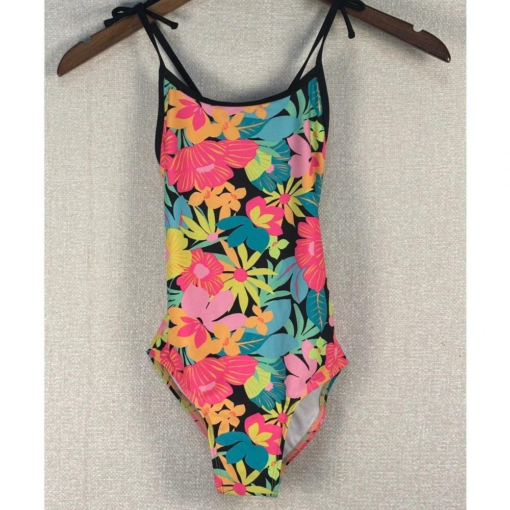 Cat & Jack Girls Swimsuit Size M 8 Tropical Floral One Piece Cross Back Tie Pink